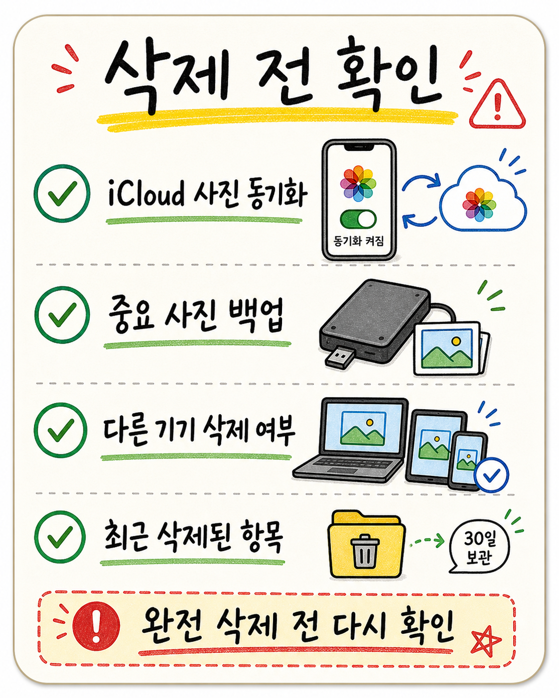 아이폰 사진 삭제 전 iCloud 동기화 백업 다른 기기 삭제 여부 최근 삭제된 항목을 확인하는 카드