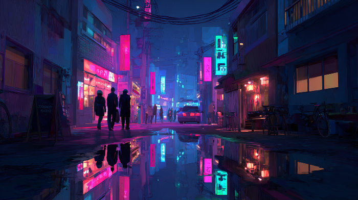 야간 여행, 네온 불빛 아래를 걷는 사람들