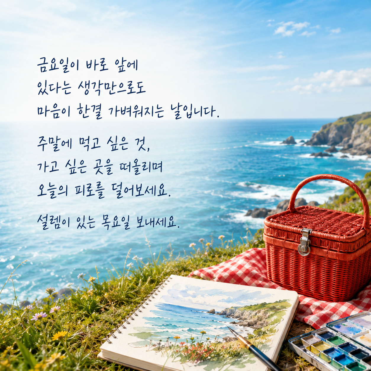 금요일과 주말을 기다리는 설레는 목요일 아침 인사말 이미지