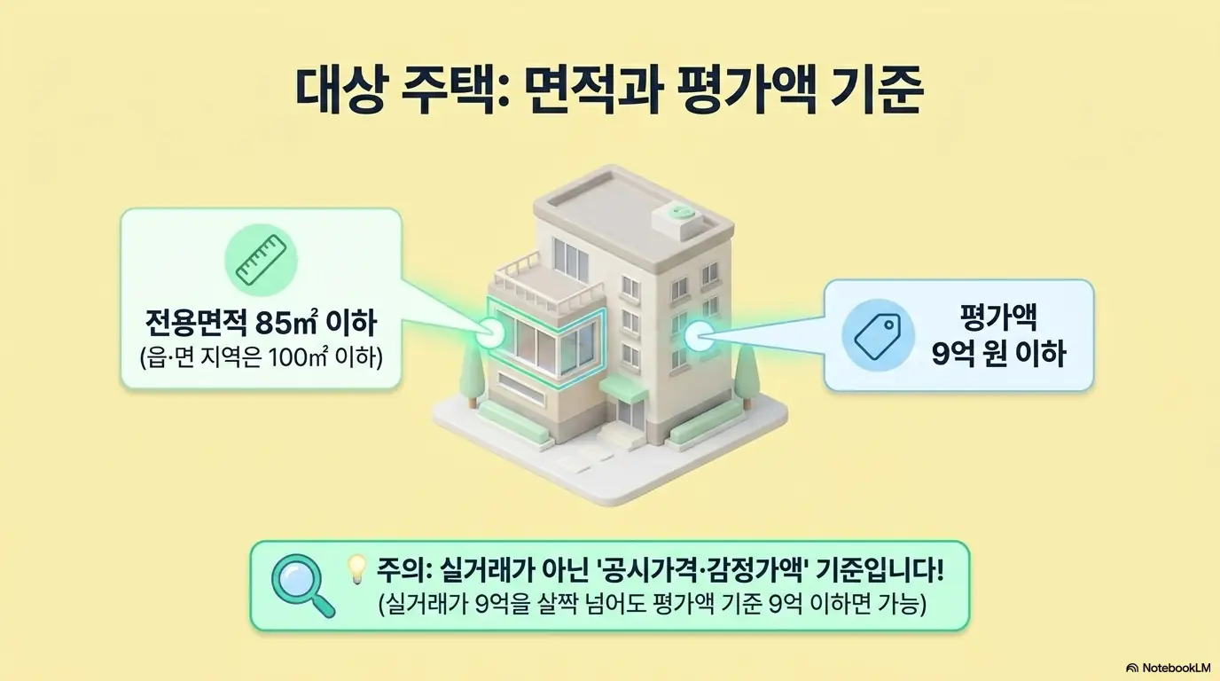 신생아 특례 대출 조건: 신생아 특례 대출 대상주택 기준을 건물 그림으로 설명한 이미지. 전용면적 85제곱미터 이하&amp;#44; 평가액 9억 원 이하 조건과 실거래가가 아닌 공시가격&middot;감정가액 기준이라는 주의사항을 함께 보여줌. 