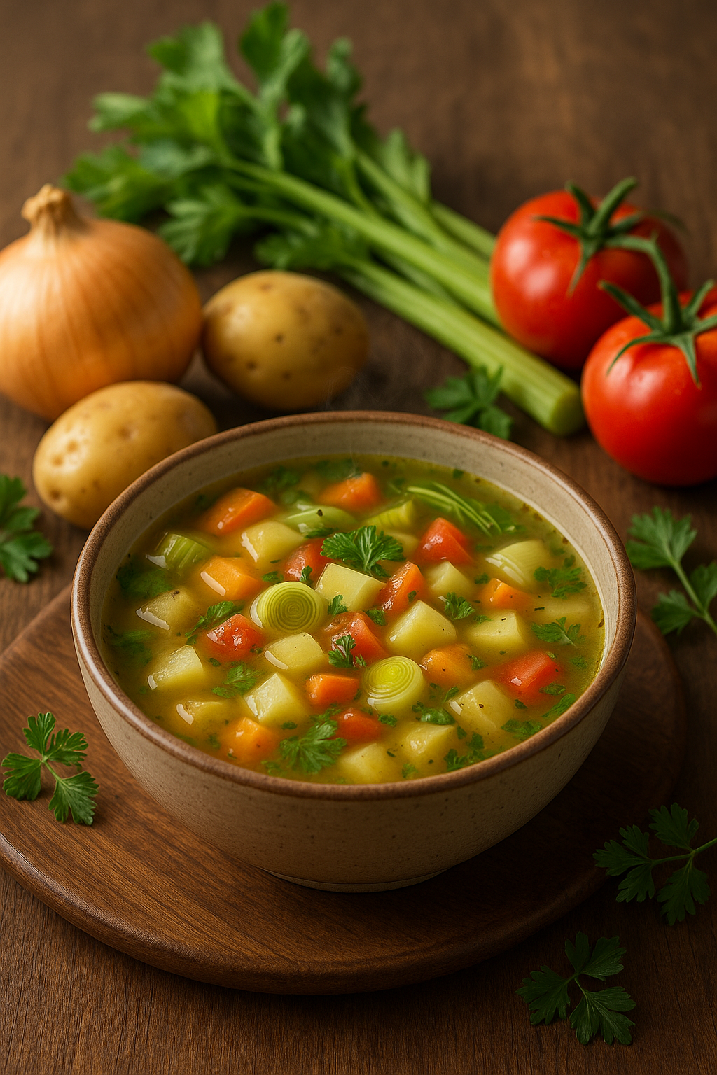 암 환자를 위한 자연 치유식 히포크라테스 수프와 신선한 채소 재료들