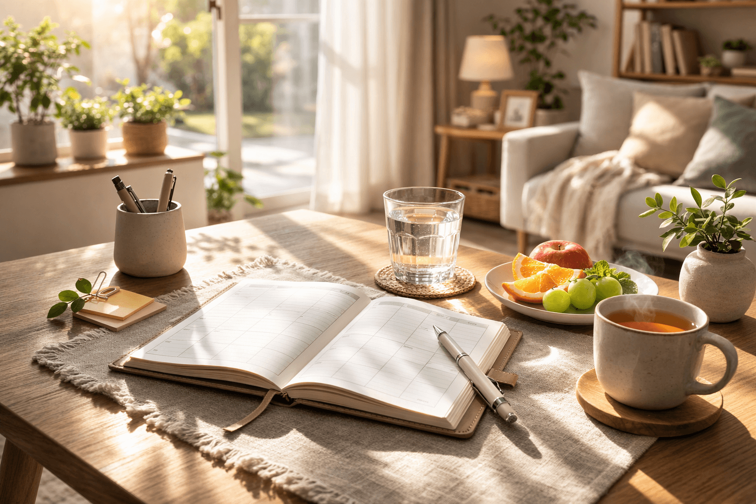 “생활 균형을 상징하는 정돈된 아침 공간”