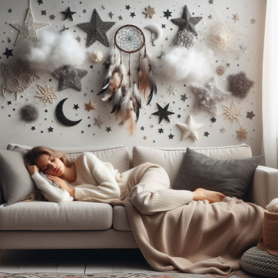 별과 구름 장식으로 꾸며진 방에서 편안히 잠을 자는 사람.