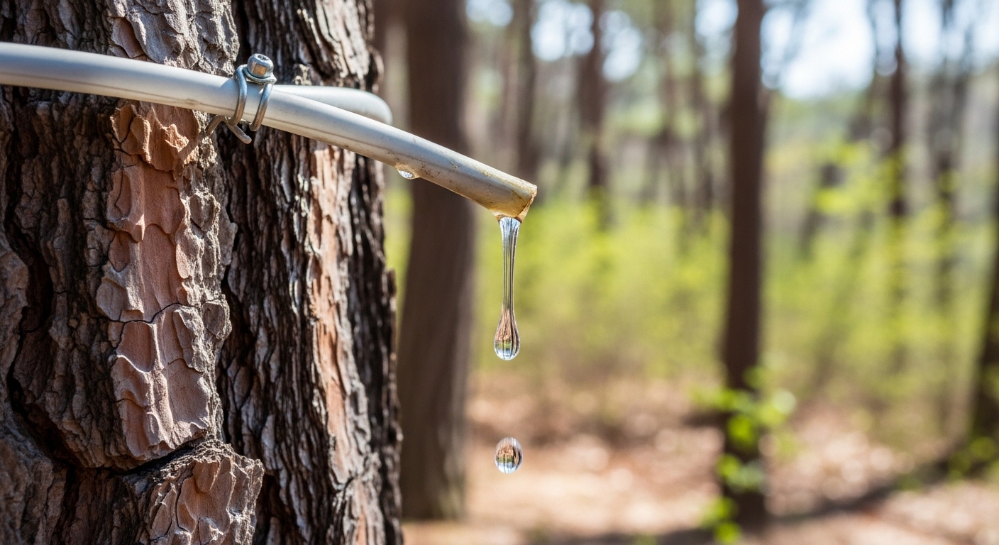 이른-봄-산속에서-고로쇠나무-줄기에-호스를-연결해-맑은-수액이-천천히-떨어지는-장면