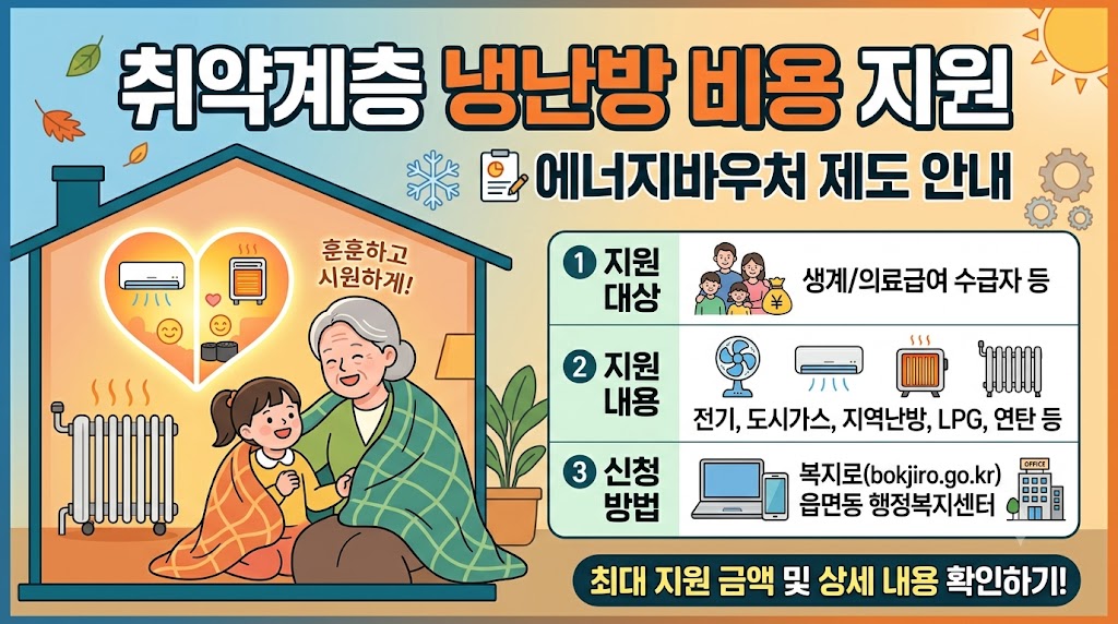 에너지바우처 카드와 온난방기 아이콘이 그려진 정부 지원 혜택 인포그래픽