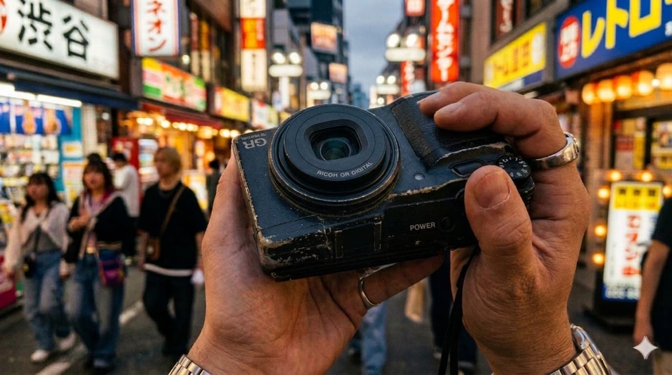 도쿄의 화려한 네온사인 배경 앞에서 사용자의 손에 들려 있는 검은색 빈티지 리코 GR 디지털 카메라의 외관과 렌즈 질감 묘사.
