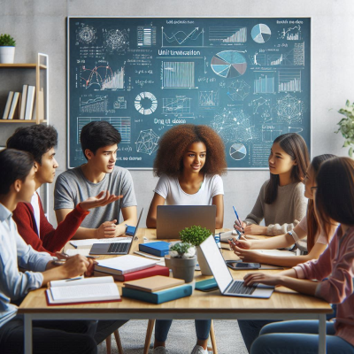 책상 위의 책과 노트북을 사용해 학습하는 학생들, 활발한 토론 중.