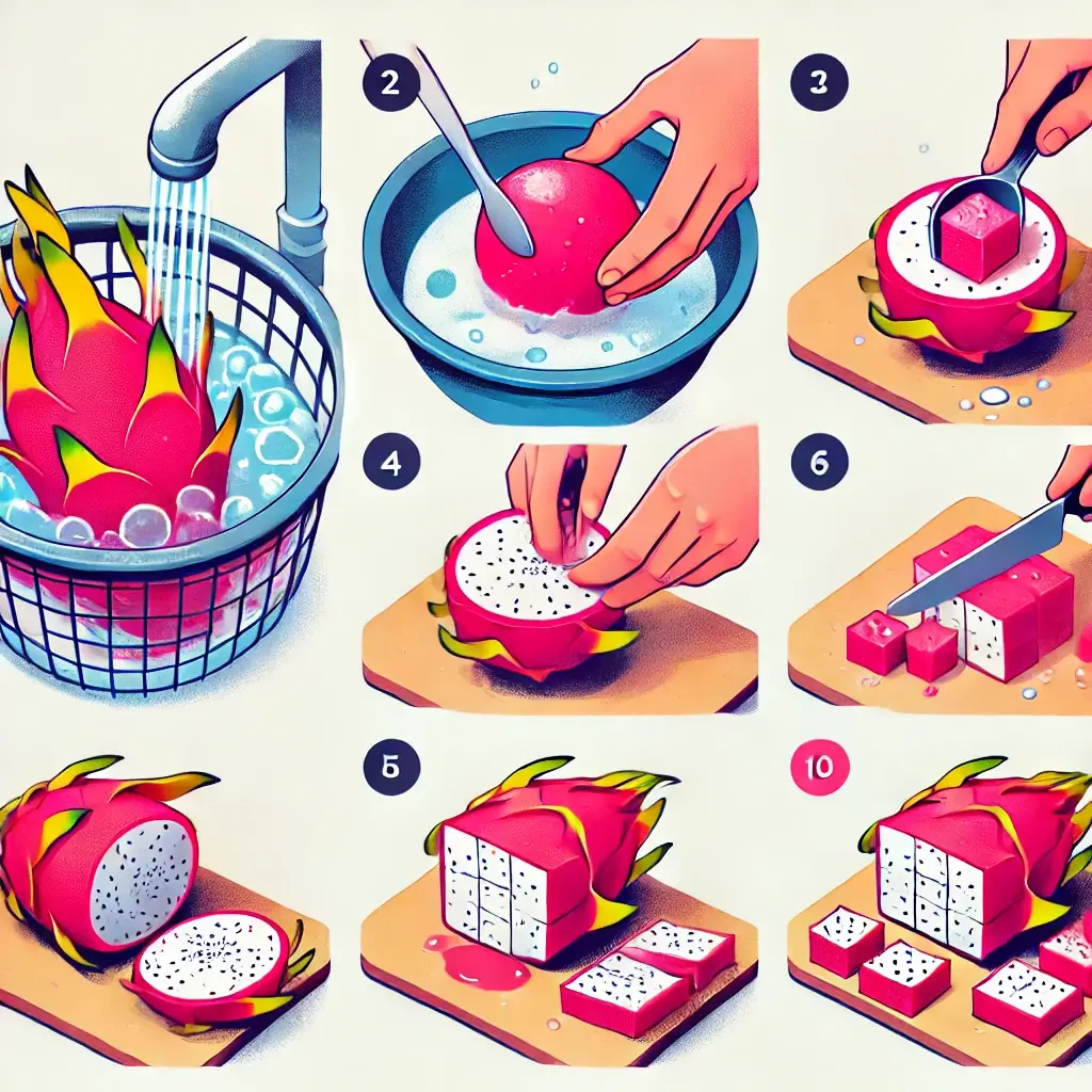 용과를 준비하는 과정을 단계별로 보여주는 이미지로, 세척, 반으로 자르기, 과육 떠내기, 깍둑썰기 과정이 포함