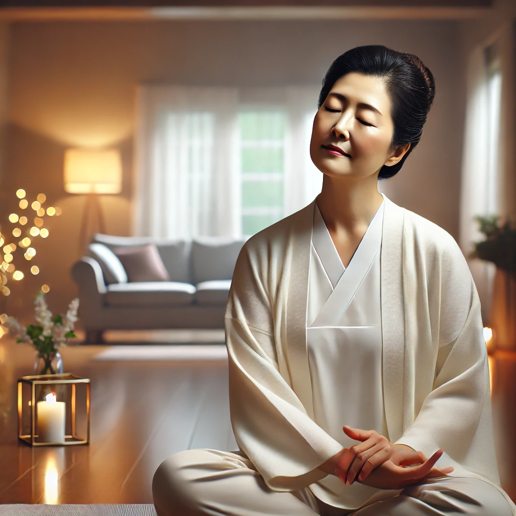 요가 스튜디오에서 이완 자세를 취하며 평온한 표정을 짓는 중년 여성