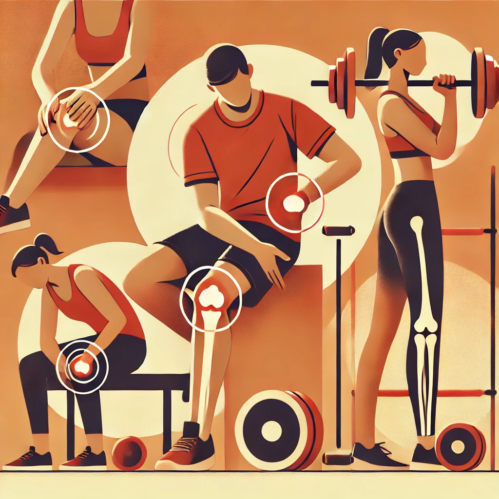 무리한 웨이트 트레이닝과 관절 부상의 위험성을 표현한 그림
