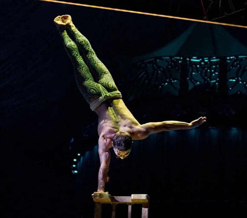 태양의 서커스 단원의 한손 물구나무를 선 모습