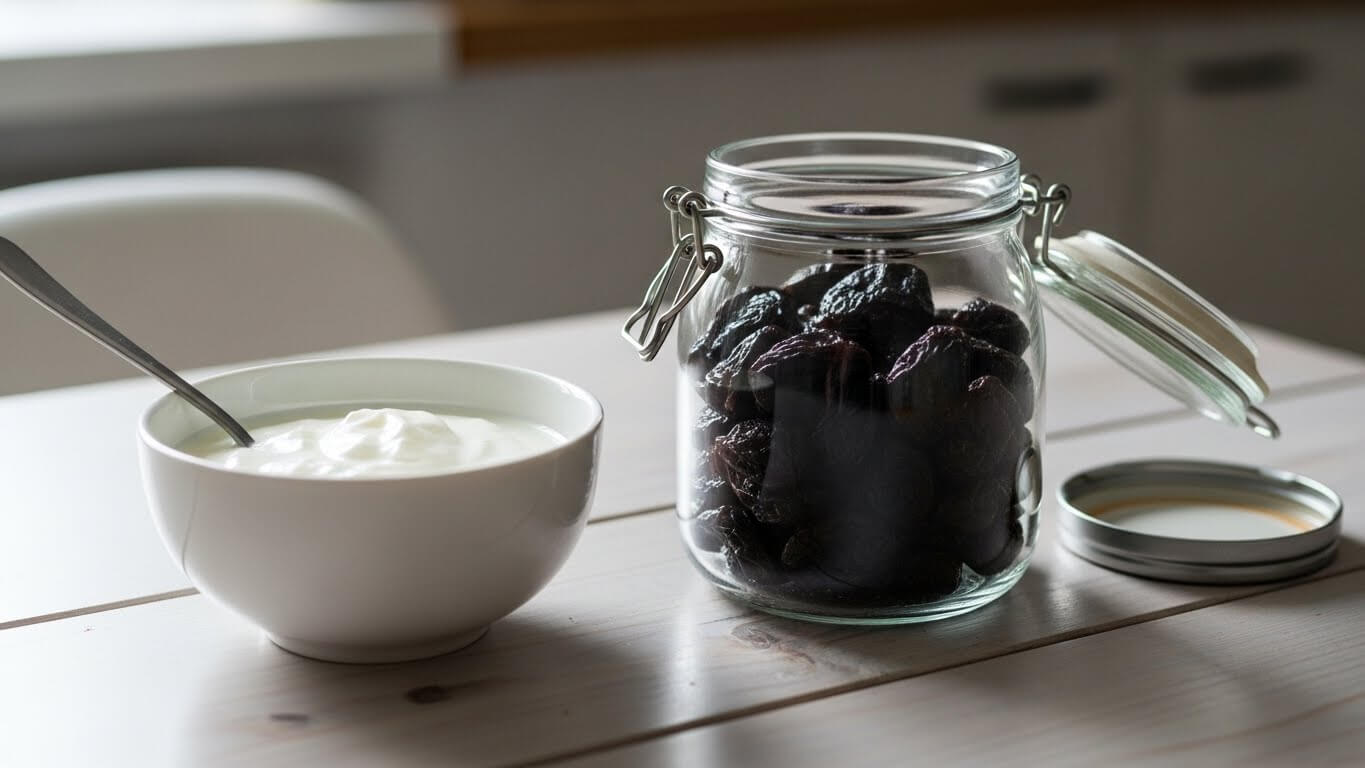 유리 밀폐용기에 담긴 푸룬과 옆에 놓인 요거트 한 그릇