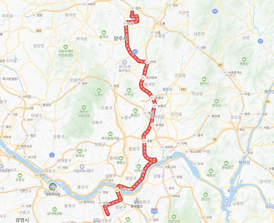 서울-양주-P9601(퇴근)번-버스-노선-지도