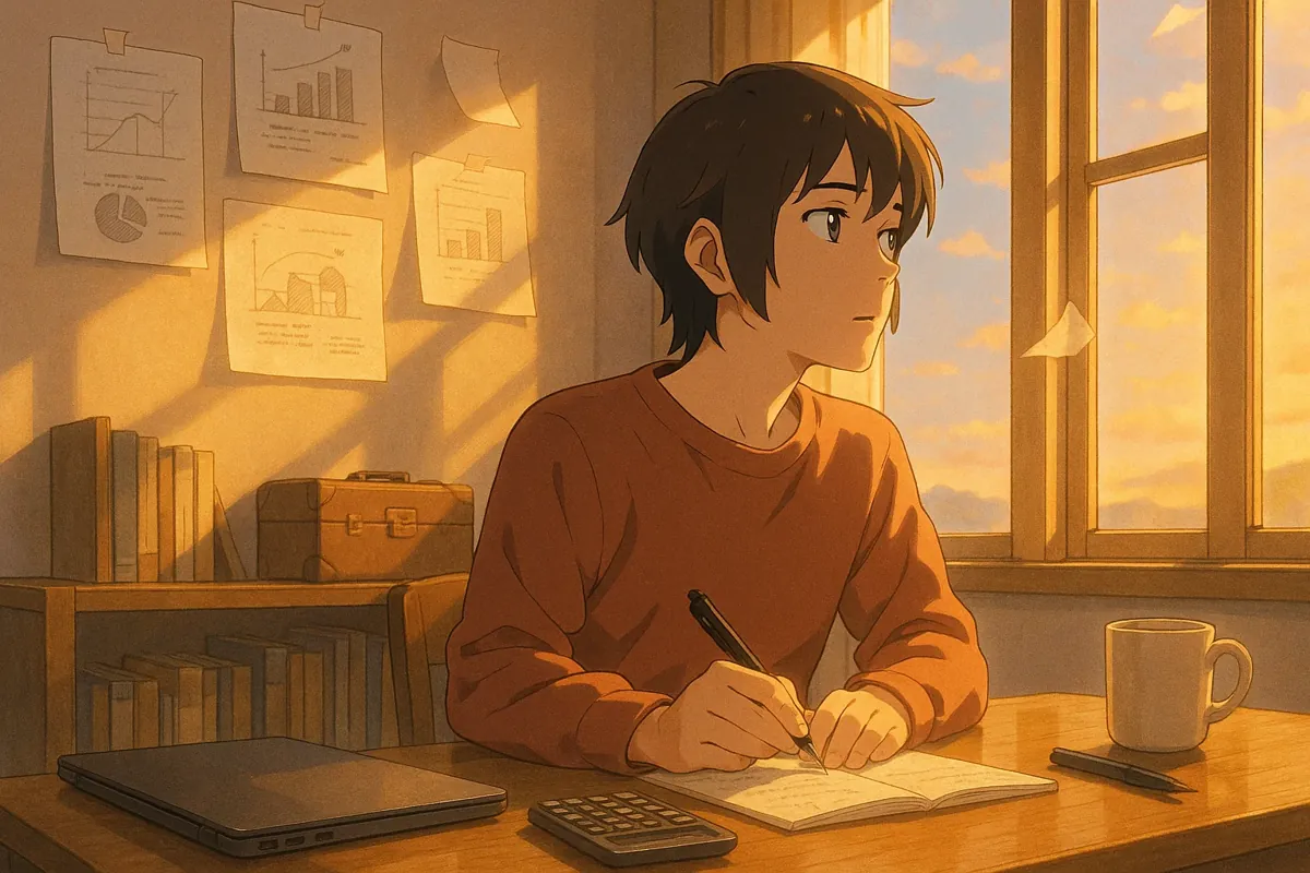 FIRE 족들이 경제적 자유를 꿈꾸며 계획하는 모습을 담은 희망적인 이미지