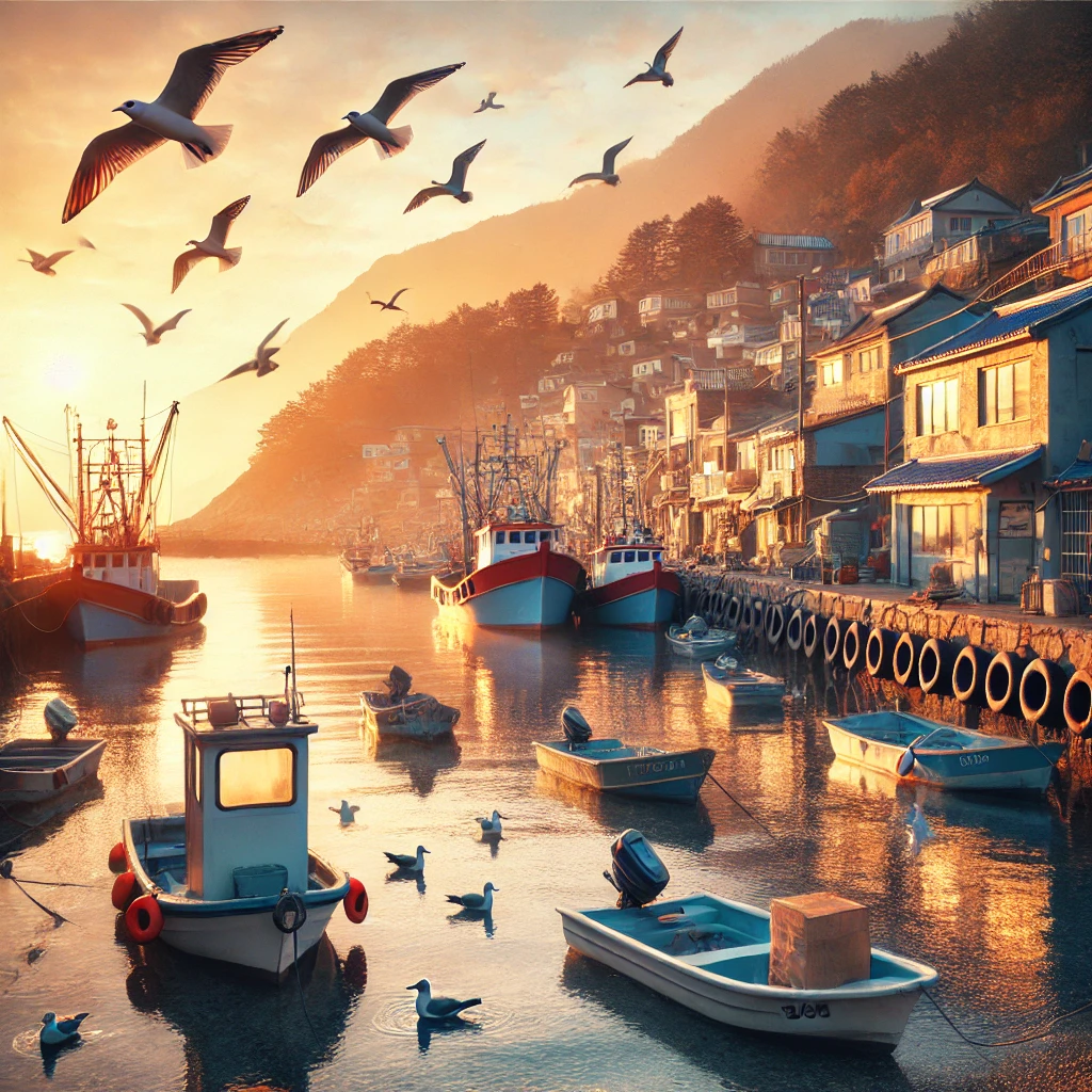 한국의 노년 어부가 배 위에서 미소 지으며 서 있는 모습&amp;#44; 바다와 그물 배경 포함 