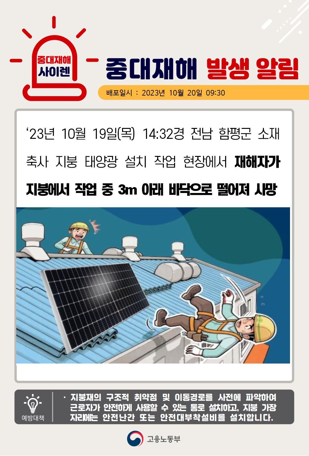 축사 지붕 태양광 설치 작업 중 떨어짐(3m)