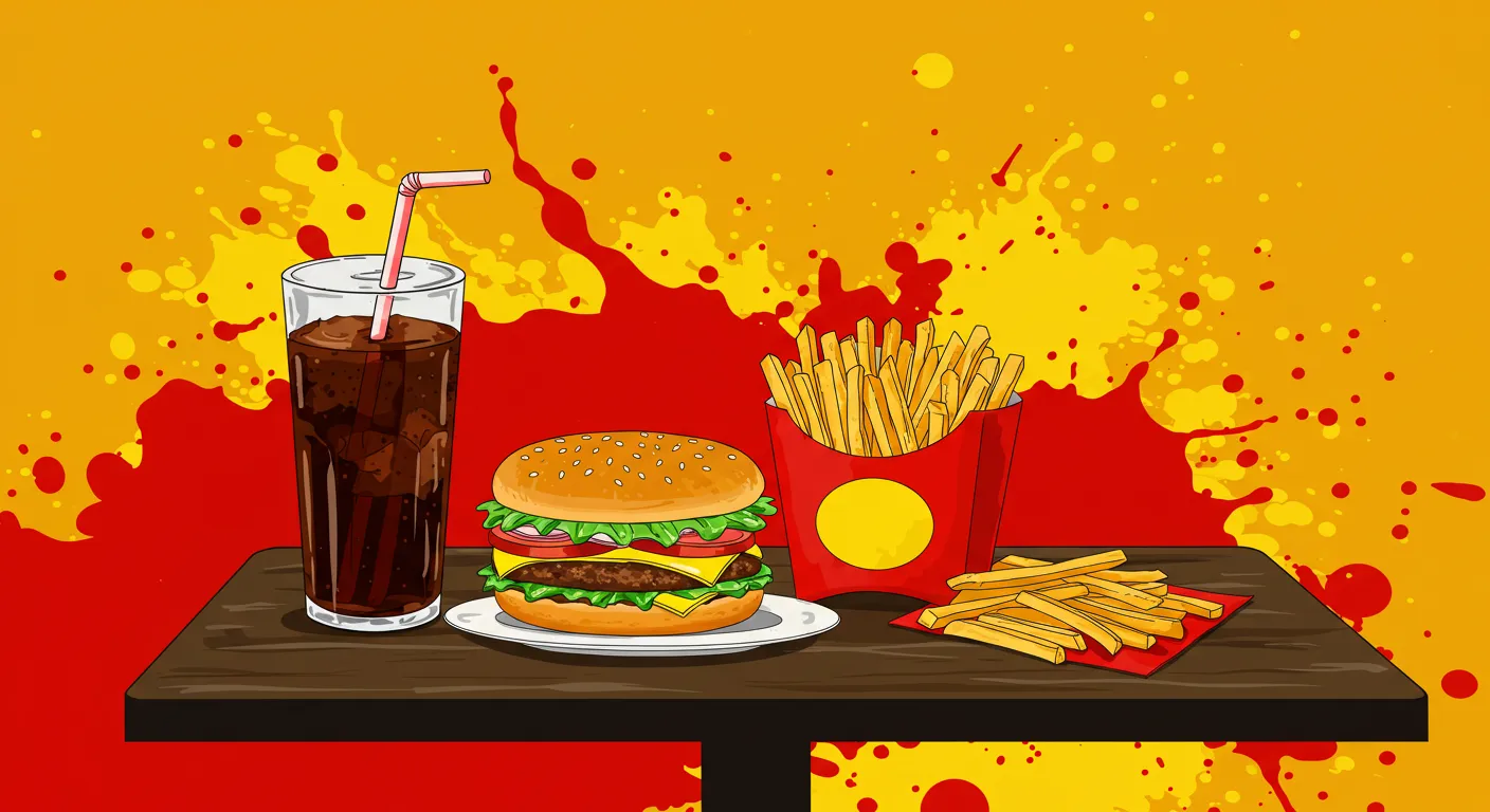클래식한 햄버거, 감자튀김, 소다 음료가 놓여있는 테이블 위로 빨간색과 노란색 물감이 역동적으로 튀는 모습