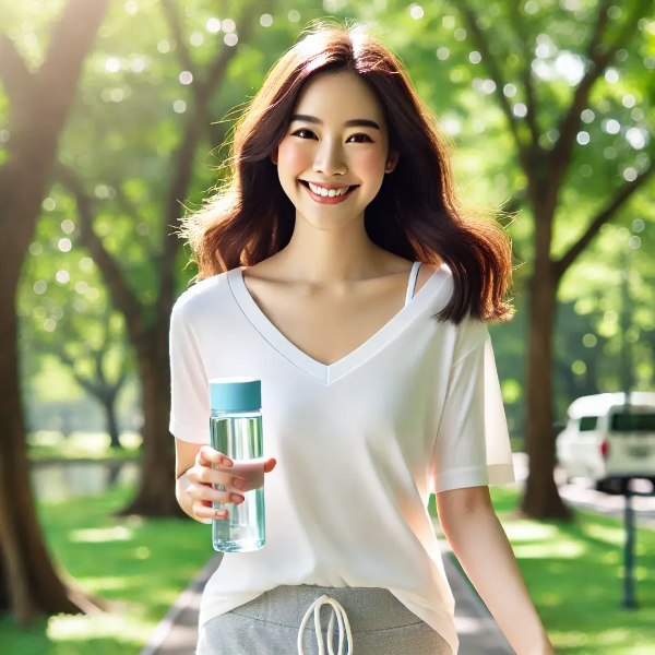 공원에서 가볍게 걸으며 생기있게 웃는 동양인 여성