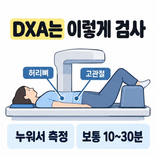 열린 DXA 검사대에 누워 다리를 받침대에 올린 사람과 허리뼈, 고관절 레이블 및 보통 10~30분이라는 검사 안내 그림