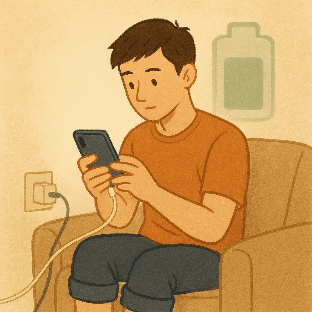 소파에-앉아-충전-케이블이-연결된-스마트폰을-사용하는-남성-옆에는-배터리-아이콘이-배경에-표시되어-충전과-배터리-수명-연관성-강조