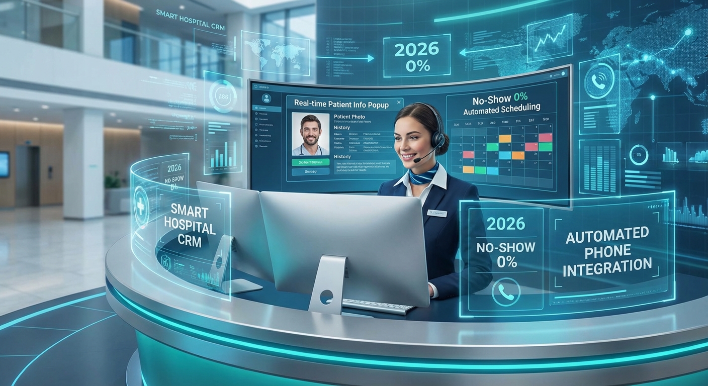 2026년 최첨단 병원 리셉션에서 상담원이 AI CRM 시스템과 전화 연동으로 환자 정보 팝업과 노쇼 0% 자동 예약 관리를 수행하는 모습의 썸네일 이미지