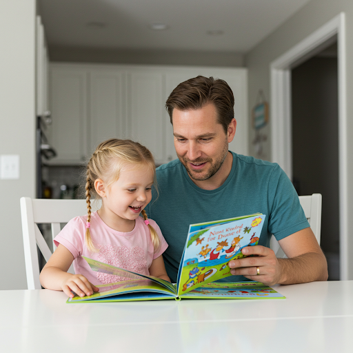 아이와 아빠가 같이 책을 읽어요