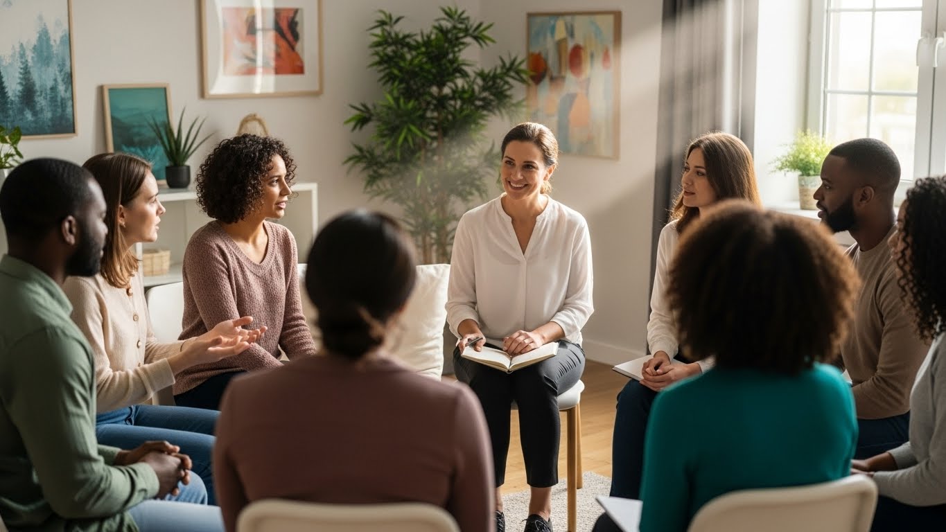번아웃 회복을 위해 전문가와 함께 그룹 상담을 하는 사람들