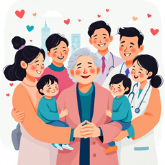 노인을 중심으로 치매안심센터 의자, 직원 등이 둘러싸 따뜻하게 안아주는 모습.