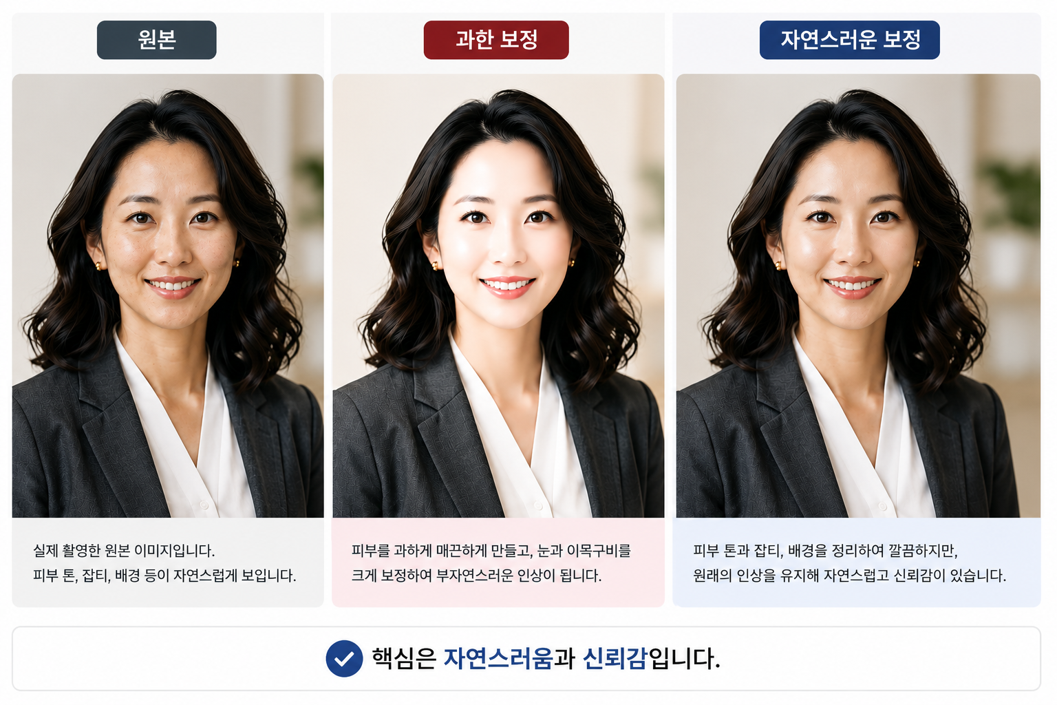 AI 인물 사진 보정 비교 원본 과한 보정 자연스러운 보정 예시