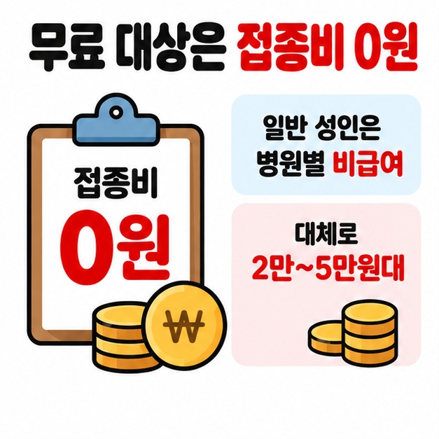 무료 대상자는 0원이고 일반 성인 비급여 접종은 병원별 가격을 비교해야 한다는 내용을 보여주는 카드