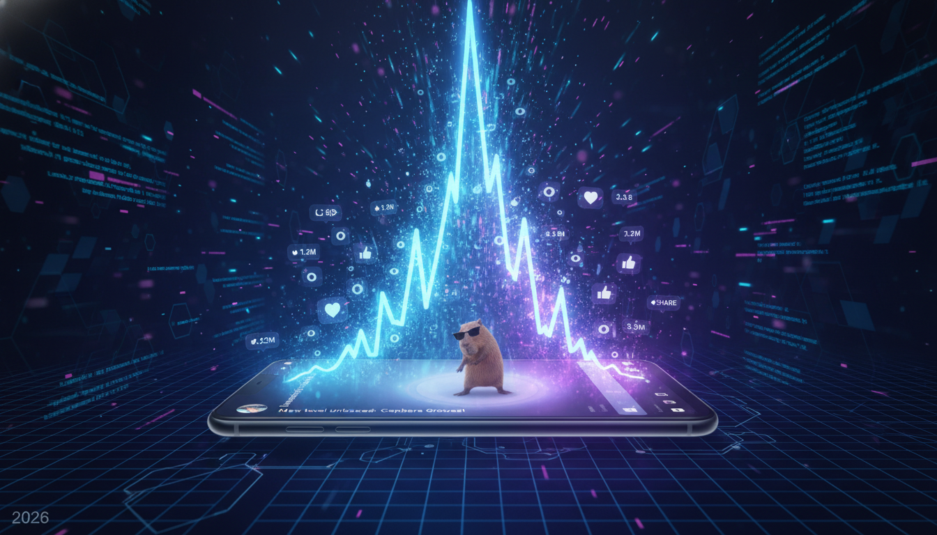 스마트폰 화면에서 조회수 그래프가 수직으로 치솟으며 폭발하는 밈 유행 티핑 포인트 이미지