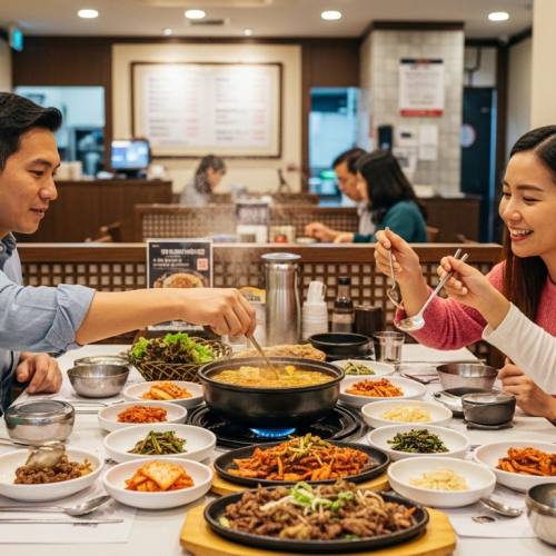 패밀리 레스토랑에서 식사하는 가족 사진