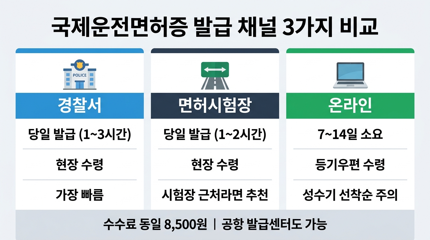 국제운전면허증 발급 채널 경찰서 면허시험장 온라인 3가지 비교