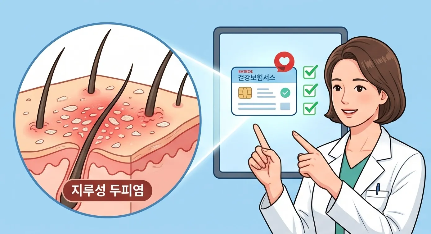 붉고 각질이 일어난 지루성 두피염 단면과 건강보험 적용 체크리스트를 설명하는 의사