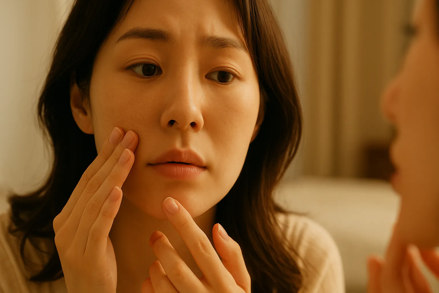 “가을철 건조한 피부와 각질을 관리하는 여성의 모습을 보여주는 이미지”