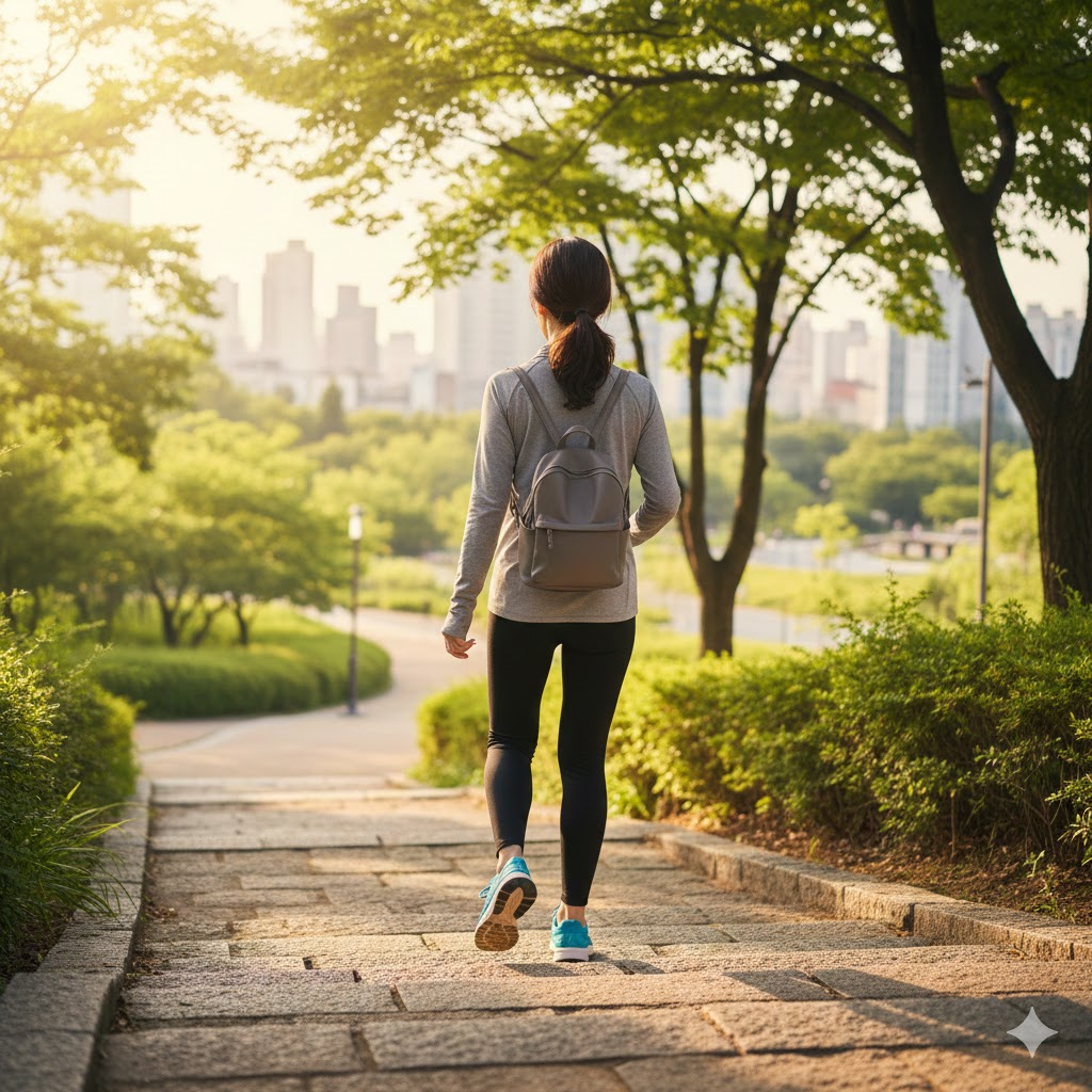 편안한 운동화를 신고 공원을 걷는 뒷모습이나 계단을 오르는 사진