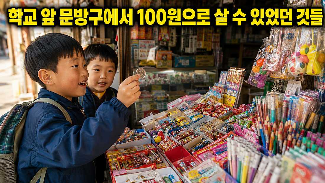 100원짜리 동전을 든 학생이 간식과 문구류가 가득한 학교 앞 문방구 진열대를 바라보는 모습