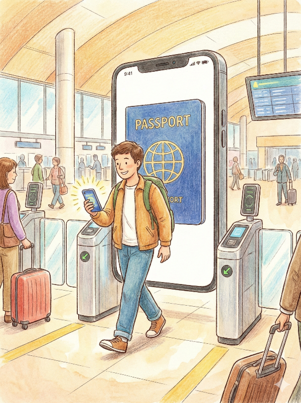 Gemini said
공항 자동출입국심사대(스마트패스 라인)를 통과하는 남성 여행객의 일러스트입니다. 여행객은 한 손에 스마트폰을 들고 밝은 표정으로 게이트를 지나고 있으며, 그 뒤로는 여권 이미지가 선명하게 띄워진 거대한 스마트폰 화면이 배경처럼 배치되어 모바일 기반의 간편한 출입국 심사 과정을 상징적으로 보여줍니다. 따뜻하고 부드러운 색연필 드로잉 스타일로 표현되었습니다.