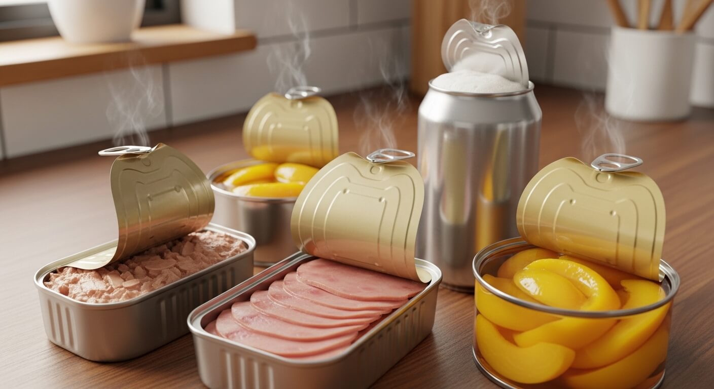 통조림 햄, 참치, 복숭아 통조림과 맥주 캔이 주방 테이블 위에 놓여 있고, 캔이 개봉된 상태에서 내용물이 보이며 김이 은은하게 올라오는 모습