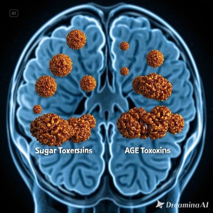 뇌 MRI 이미지와 함께 당독소(AGEs)의 축적 과정을 보여주는 인포그래픽. 건강한 뇌와 당독소가 축적된 뇌를 비교하여 보여주고, 갈색빛 당독소 분자들이 뇌신경을 둘러싸고 있는 모습을 시각적으로 표현한 의료진단서 스타일의 이미지.