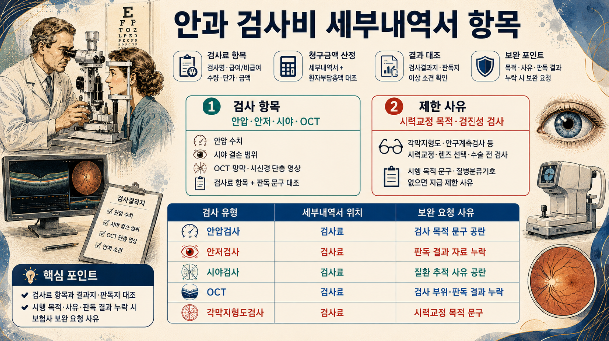 안과 검사비 세부내역서의 검사료 항목과 검사결과지, 판독지, 보완 요청 사유를 정리한 인포그래픽