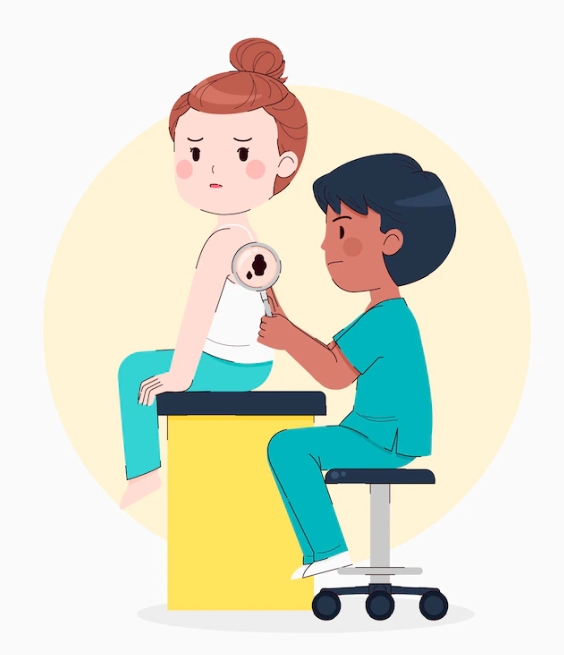병원에서 진료를 받고 있는 캐릭터