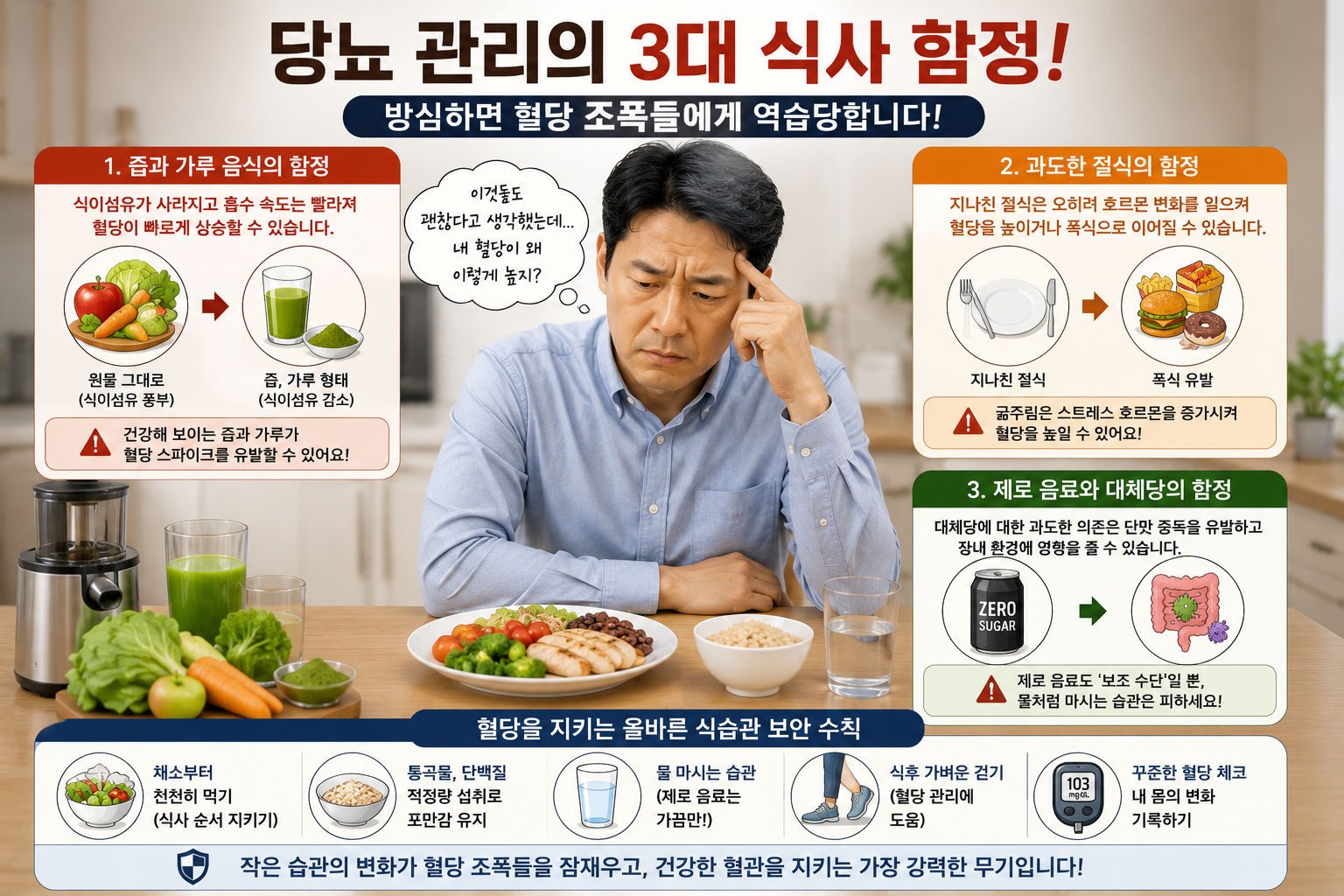 당뇨 관리 중 건강즙과 제로음료, 과도한 절식 등 식습관 함정을 고민하는 직장인의 모습