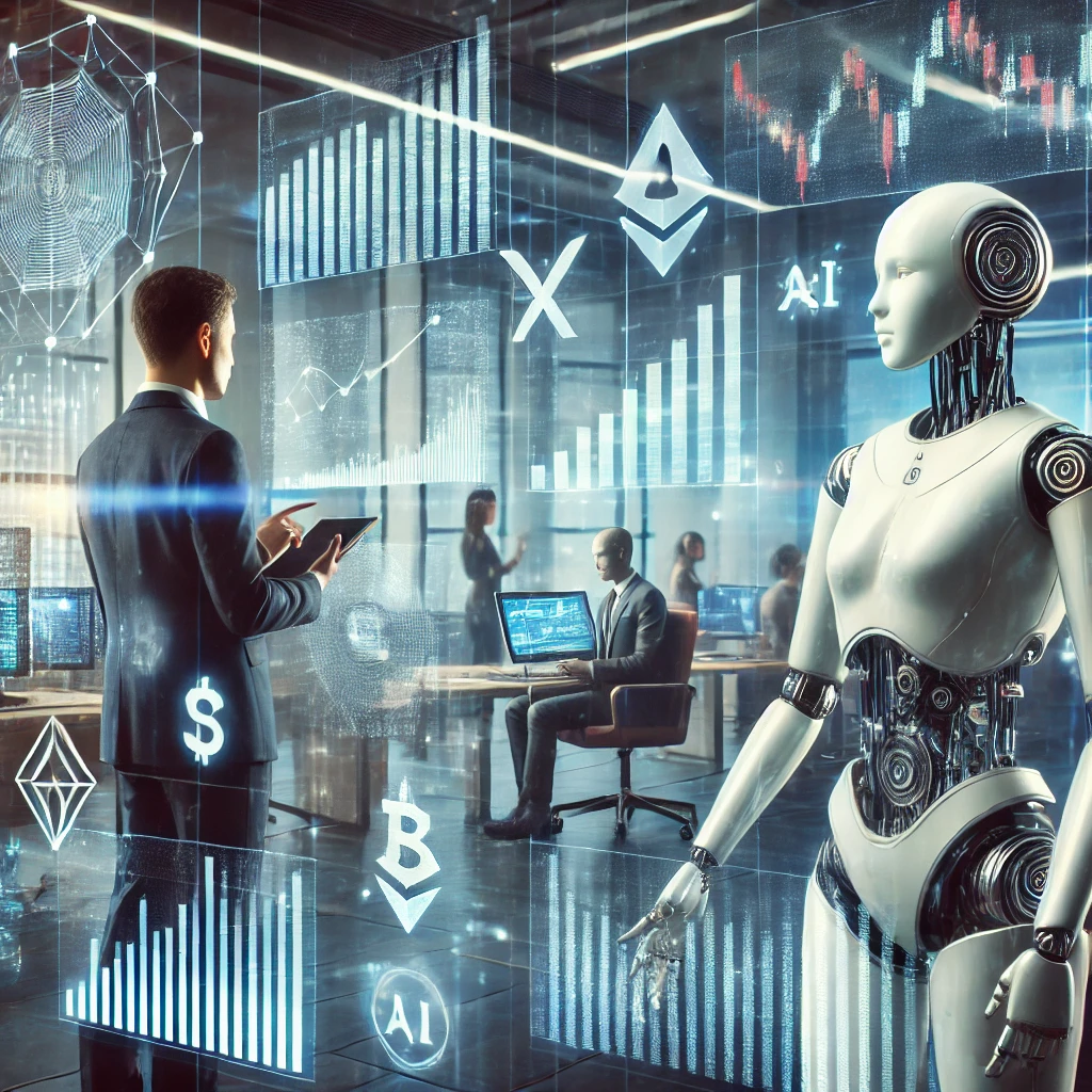 AI 트레이딩 봇이 주식 시장을 분석하고, 투자자가 실시간 데이터를 모니터링하는 모습을 담았습니다.