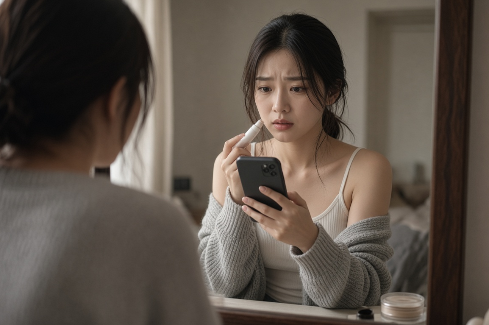 스마트폰 화면을 보며 스스로를 꾸미는 모습