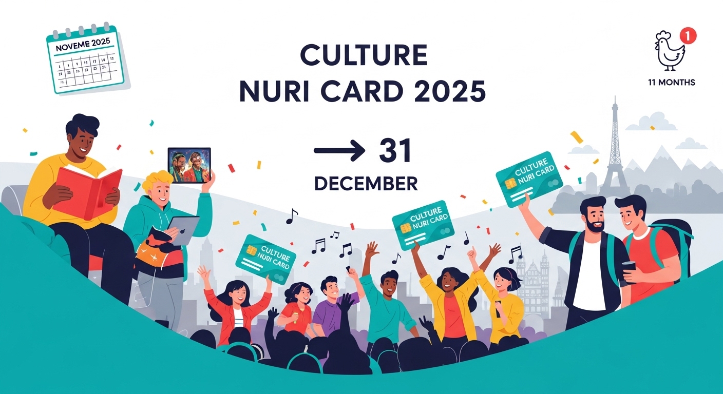 2025년 문화누리카드를 들고 영화, 독서, 여행 등 다양한 문화생활을 즐기는 행복한 사람들. 11월 이벤트와 연말 잔액 소멸 기한을 암시하는 달력이 배경에 있다.