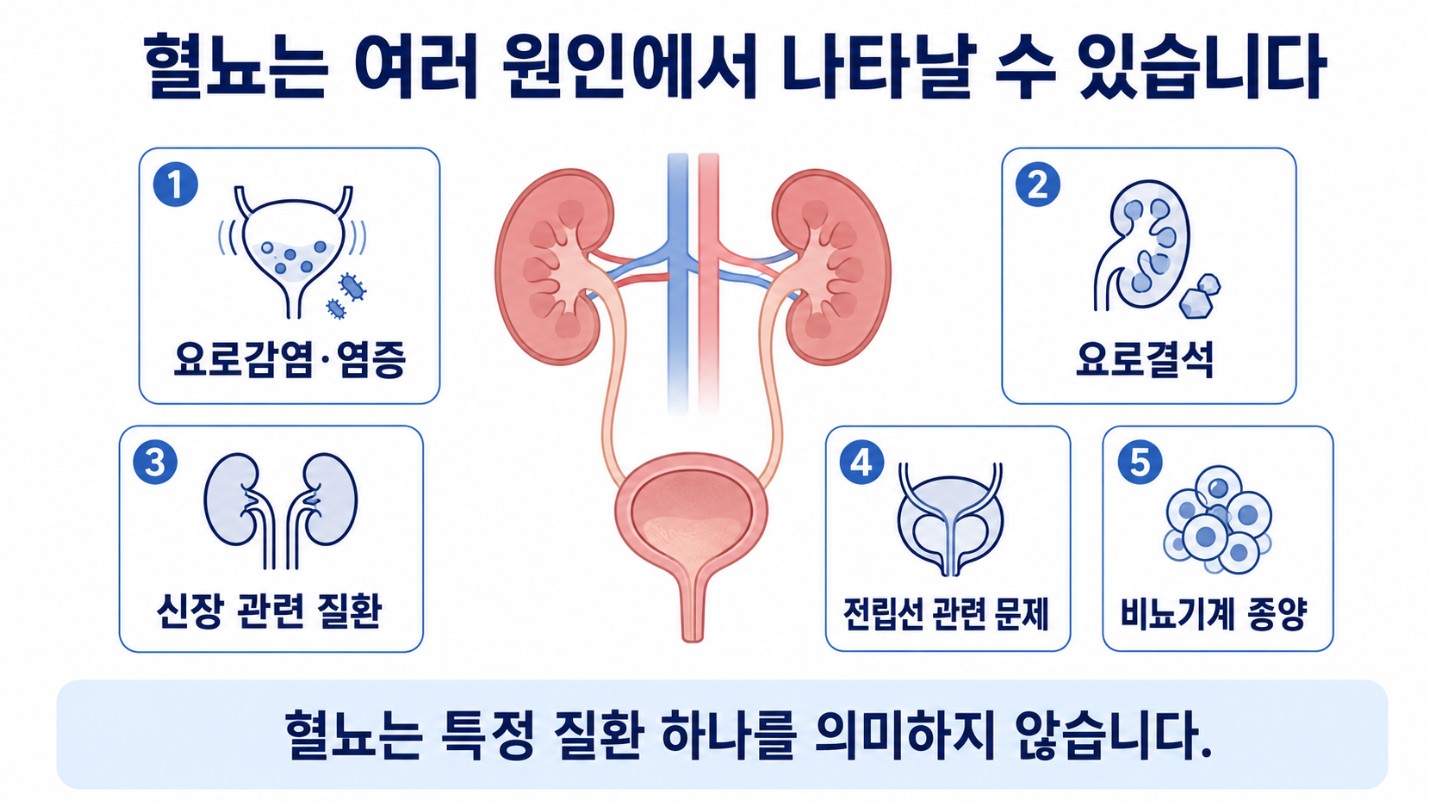 혈뇨가 나타날 수 있는 요로감염 요로결석 신장 질환 전립선 문제 비뇨기계 종양 등 다양한 원인