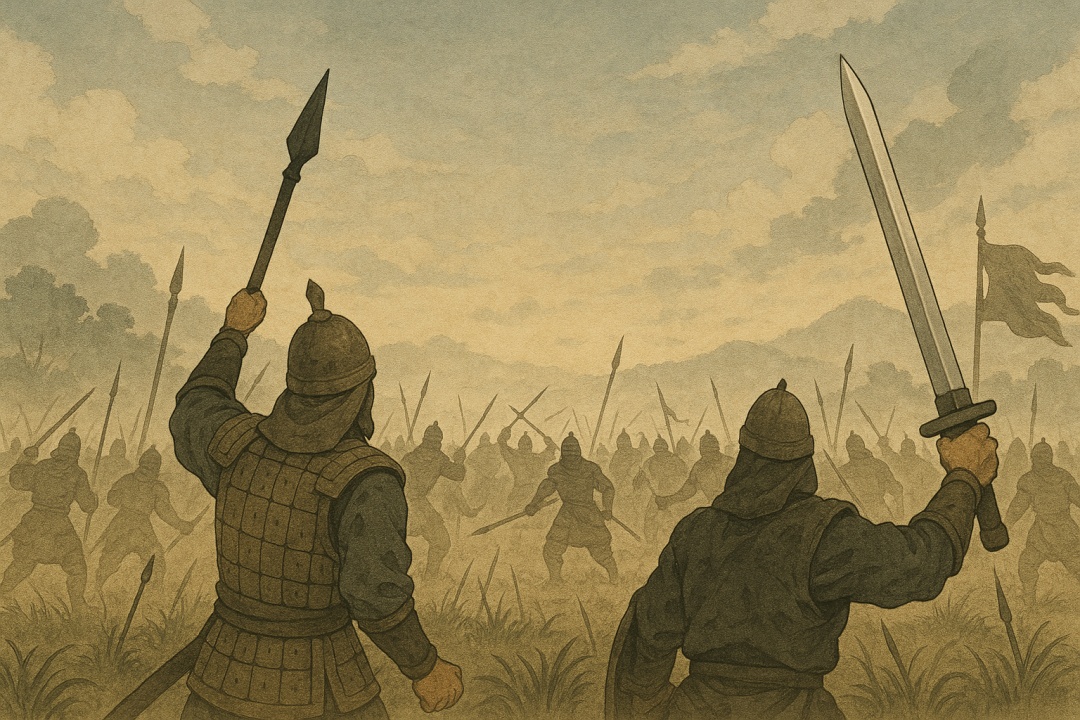 황산벌 전투 장면을 묘사한 와이드 일러스트. 수많은 병사들이 창과 칼을 들고 안개 자욱한 전장에서 맞서 싸우고 있는 모습.