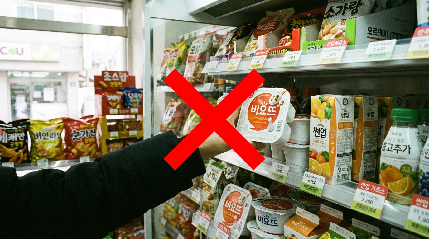 다이어트 중 피해야 할 당분이 높은 요거트와 주스를 선택하려는 손의 모습