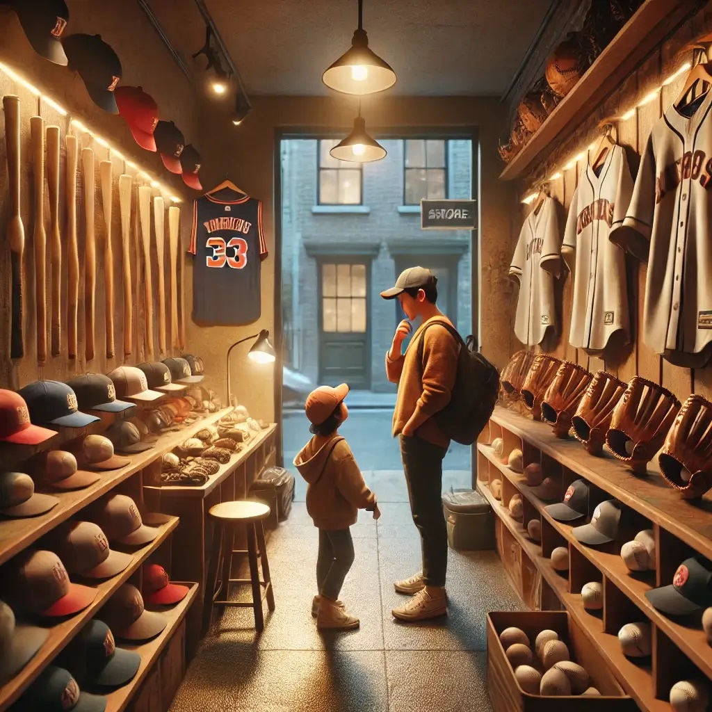 도심 속 작은 야구용품점에서 부모와 아이가 글러브를 고르는 모습